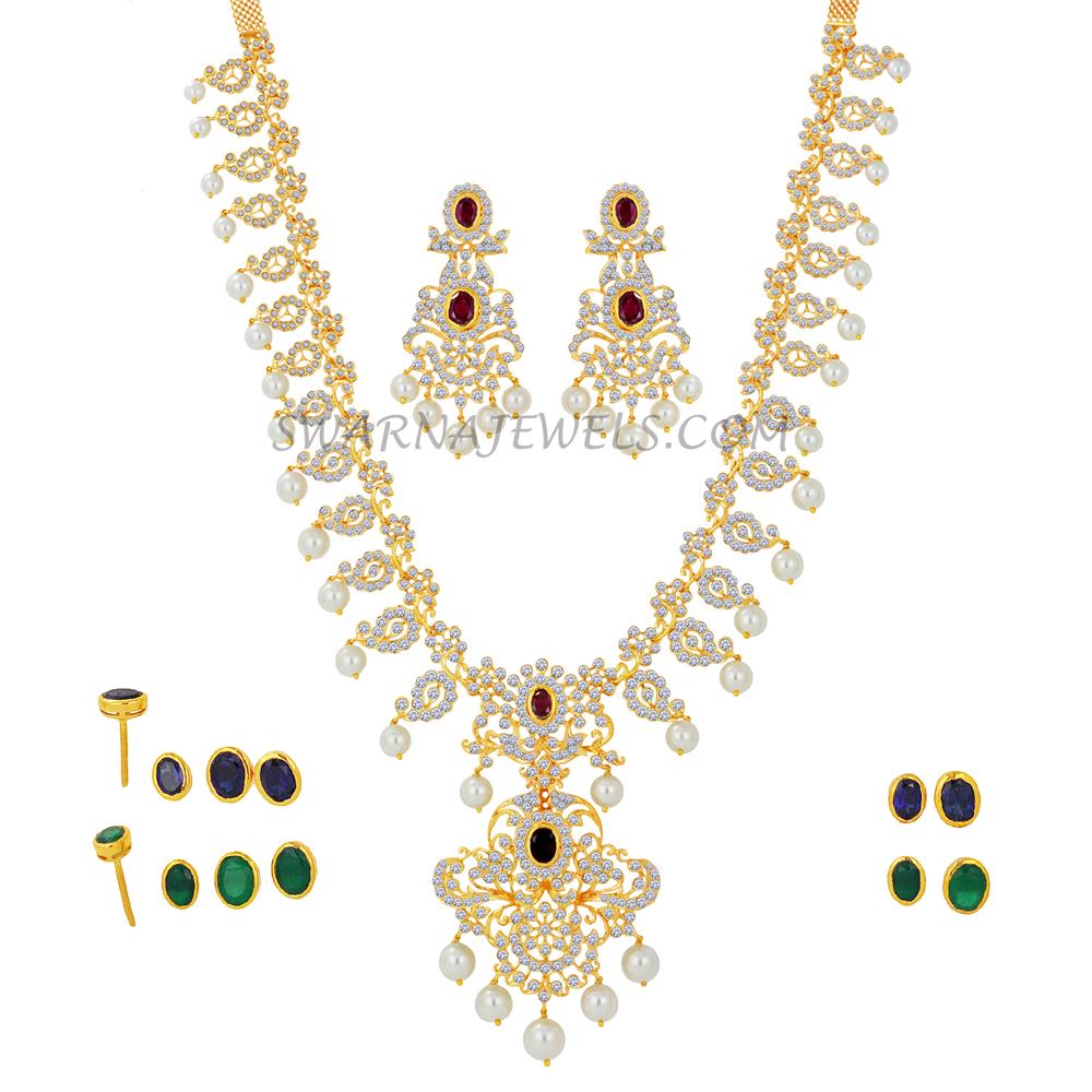 Diamond Long Necklace Set With Detachable Pendant And Changeable Diamond Long Necklace Set With Detachable Pendant And Changeable Color Stones Dlns12